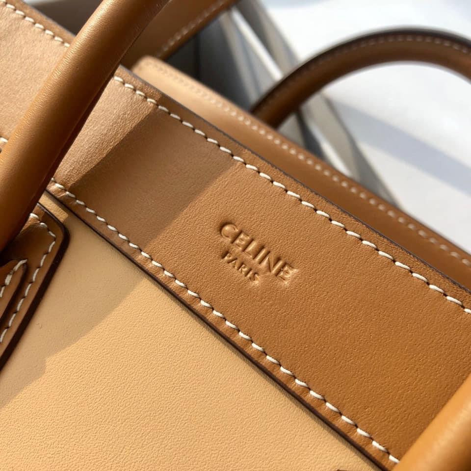 Celine MICRO LUGGAGE HANDBAG IN TEXTILE AND NATURAL CALFSKIN TAN/WHITE