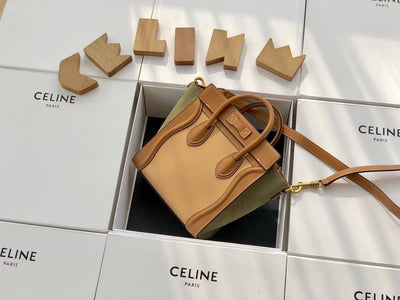 Celine MICRO LUGGAGE HANDBAG IN TEXTILE AND NATURAL CALFSKIN TAN/WHITE